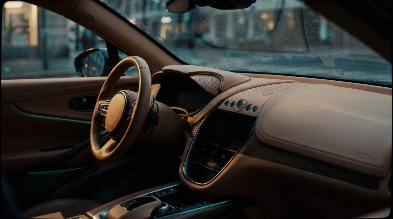 The cabin of a premium SUV, photographed from the driver’s door.